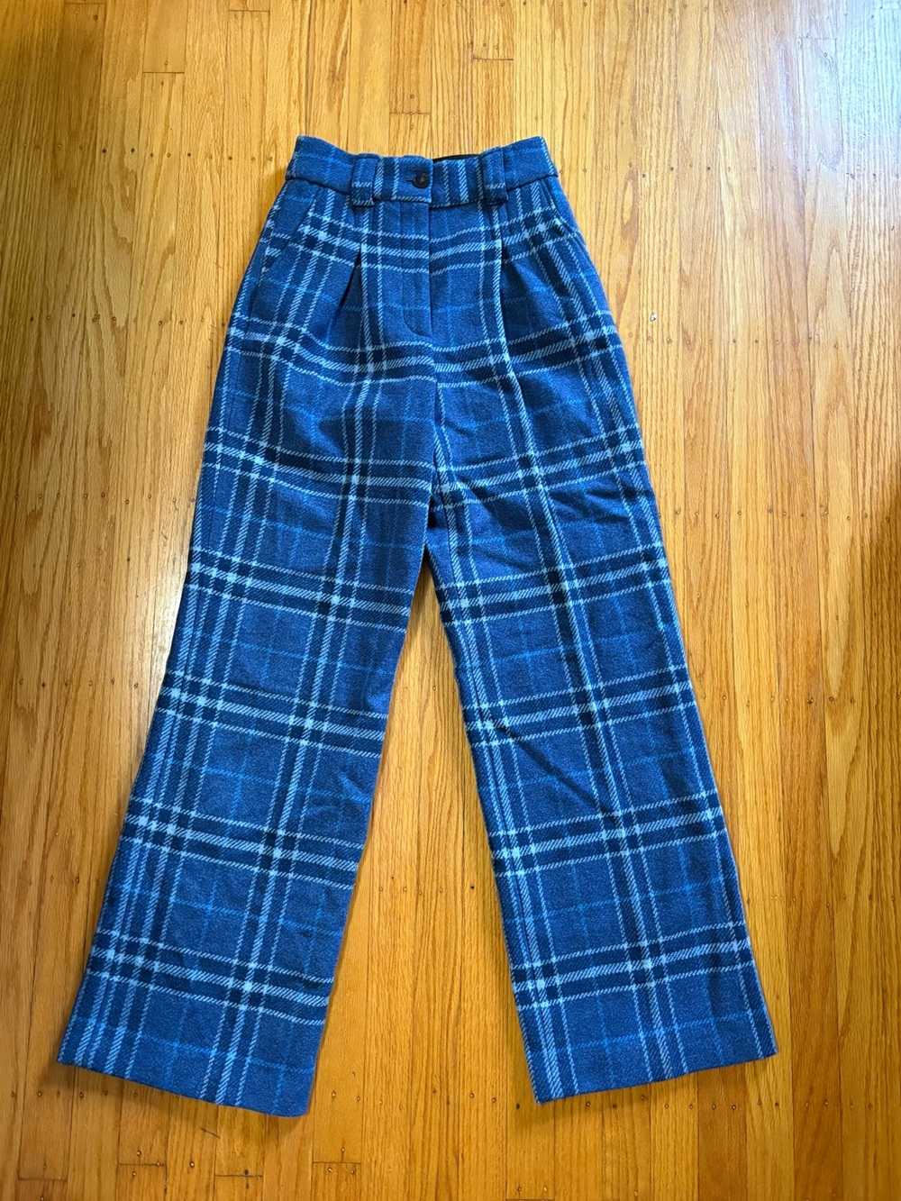 Sézane 100% Wool Blue Plaid Wide Leg Trousers Pants FR 34 US 2